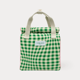 Kind bag lunch bag made from eco friendly materials with a cream and green gingham pattern on the front and back and pink side panels