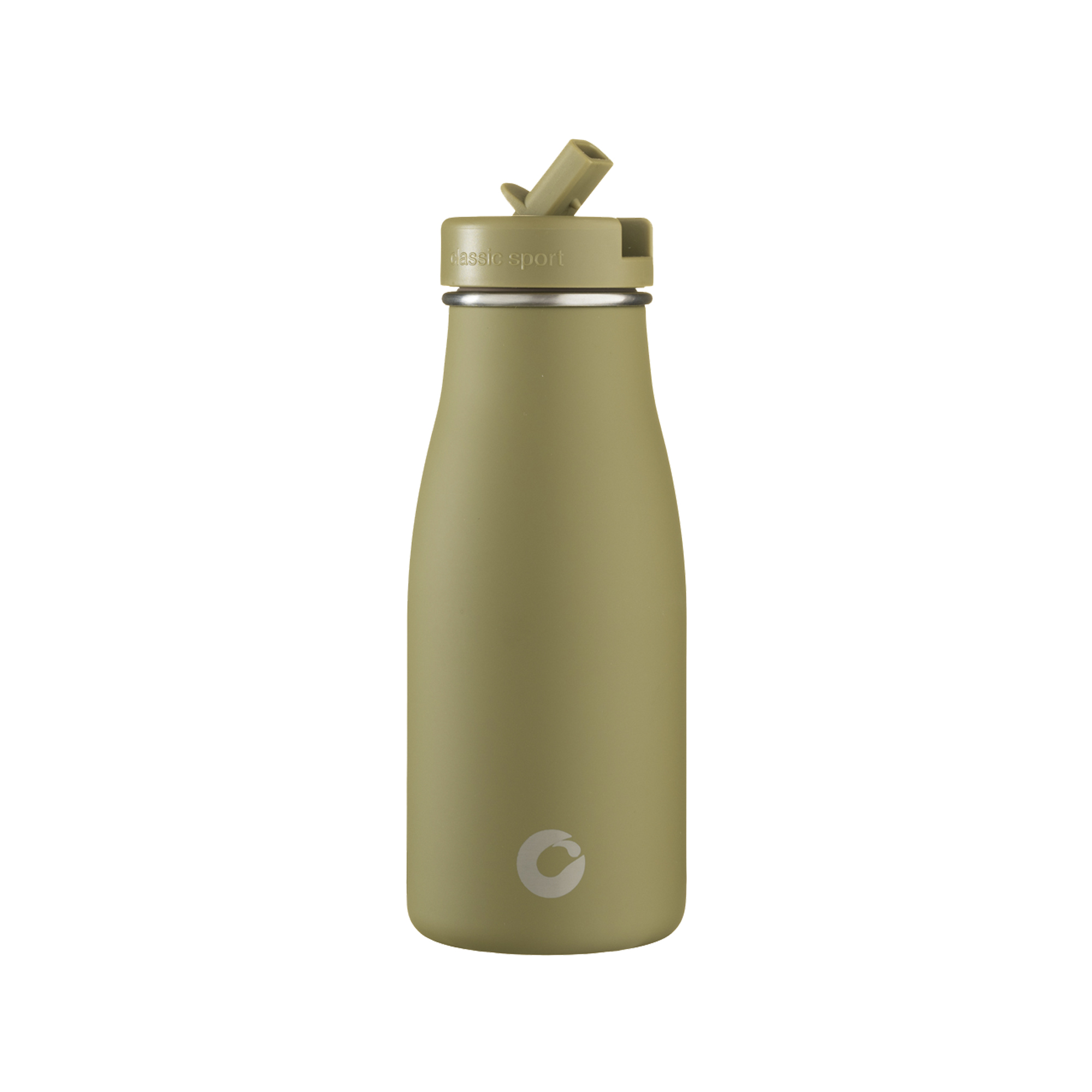 olive green metal bottle with spout and straw