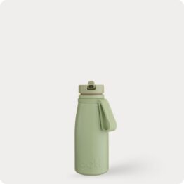 Sage green water bottle made from stainless steel and recycled plastic featuring a silicone carry handle and flip straw cap.