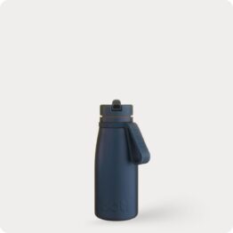 Small stainless steel dark blue water bottle with flip straw cap and integrated silicone carry handle.