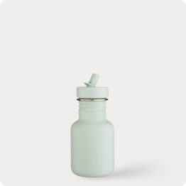 Small green BPA free stainless steel water bottle with sports cap and straw