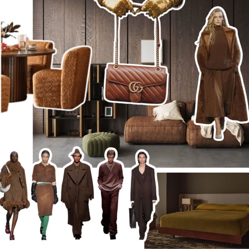 Collage of colour trend brown items including high fashion models and interior design