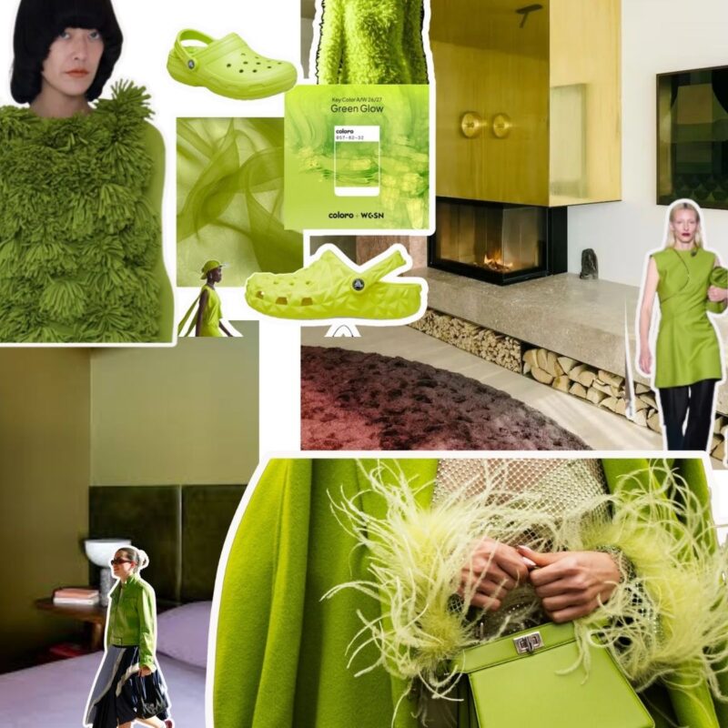 Collage of lime green interiors and fashion trends
